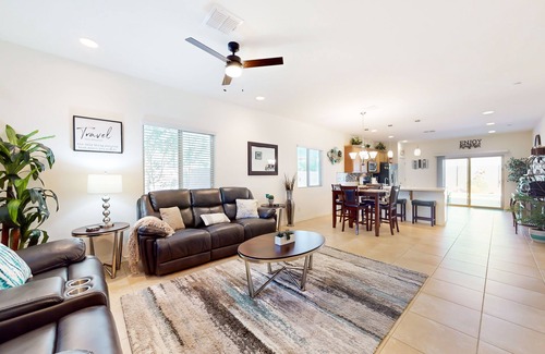 Buckeye House | Airy desert home with an enclosed yard, private pool, hot tub, firepit, & W/D