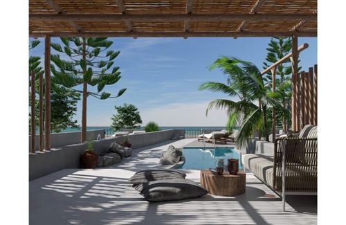 Perivolos House | Avramiea Suite | walk out Sea View patio with Private Heated Pool