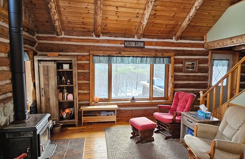 Wauksaukee Cabin | Charming 4+ bedroom log cabin among beautiful tall pines on a small trout stream