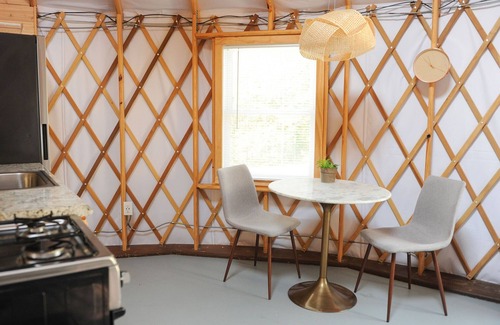 French Lick Cottage | Cozy Waterfront Yurt with Heated Floors, full heat and AC, bathroom, Kitchenette