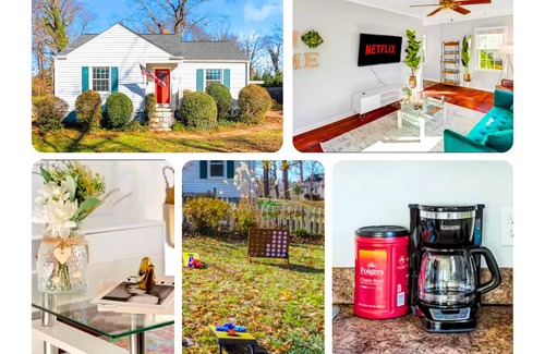 East Raleigh House | Luxury 2BD Home, Coffee, Games, Outdoor Seating, Close to Airport, Hospitals