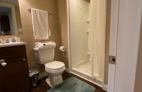 Maxwell House | Private basement bedroom with private bathroom, kitchen, and living room with large screen television