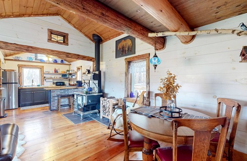 North Troy Cabin | Renovated historic cabin with mountain views, lake access, & electric fireplace