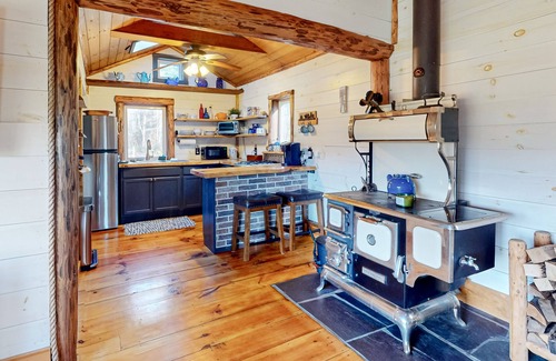 North Troy Cabin | Renovated historic cabin with mountain views, lake access, & electric fireplace