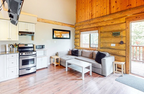 Lac Le Jeune Cabin | Rustic lakefront resort log cabin with deck, internet, and full kitchen
