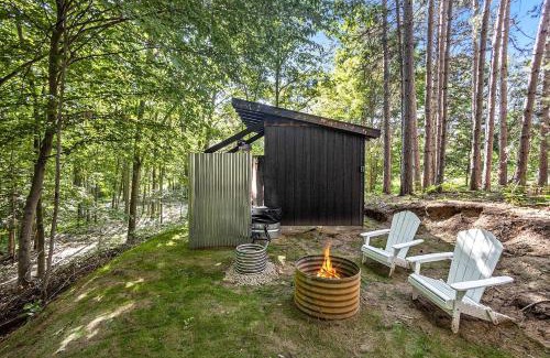 Sears House | Secluded Modern Tiny House with Wood-Fired Hot Tub Near Trails in Sears, Michigan
