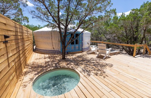 Dripping Springs Cabin | Secluded, Romantic Yurt w/Hot Tub at The Yurtopian - "Lizzie"