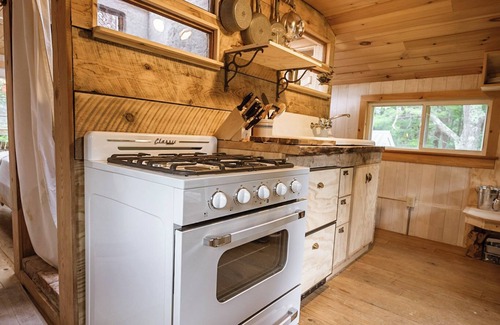 South Londonderry Cabin | Treehouse lifted up over a stocked trout pond up in the beautiful birch trees!