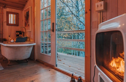 South Londonderry Cabin | Treehouse lifted up over a stocked trout pond up in the beautiful birch trees!