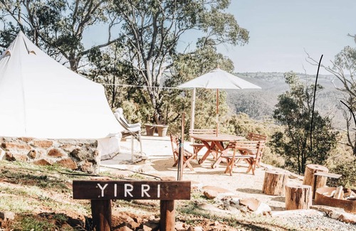 Curraweela RV Rental | Yirri glamping tent overlooking the Great Dividing Range