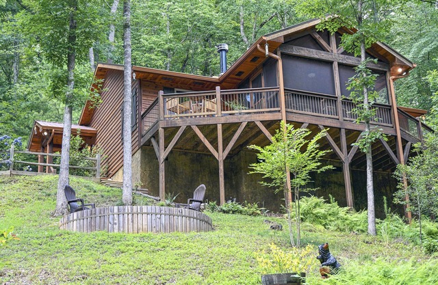 Beautiful cabin 5 min to Murphy, screened in deck with gas fire pit & hot tub