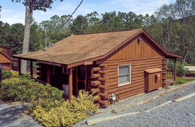 Cozy 1-bedroom cabin with AC, romantic gas fireplace & private porch with swing