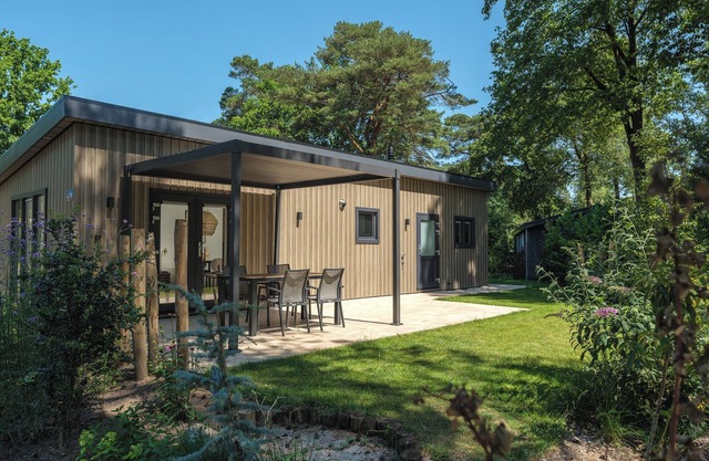 Enjoy a luxury holiday home for 4 people in the wooded nature of the Veluwe, featuring modern amenities, air conditioning, and a stylish pergola for optimal comfort.