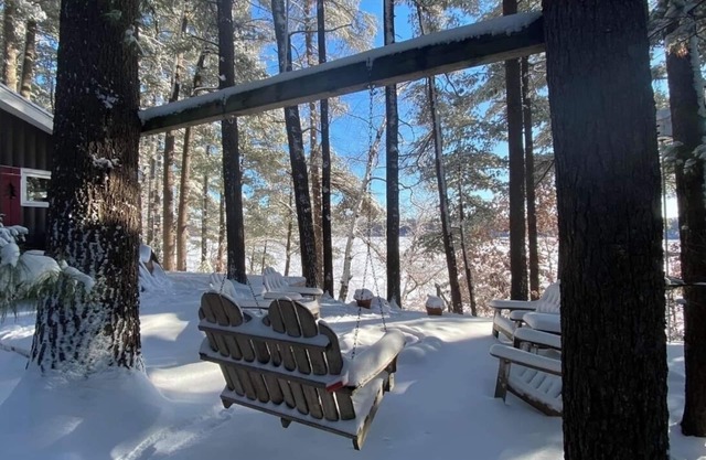 Escape to the perfect winter wonderland. picturesque cabin in towering pines.