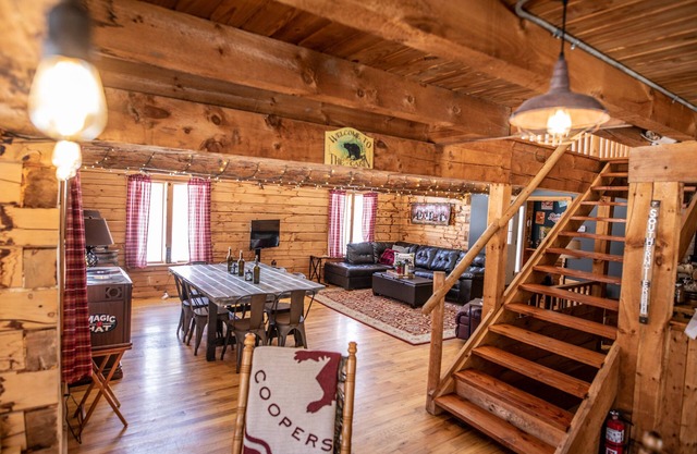 Huge yet cozy log cabin, nestled conveniently off the beaten path. Peaceful!