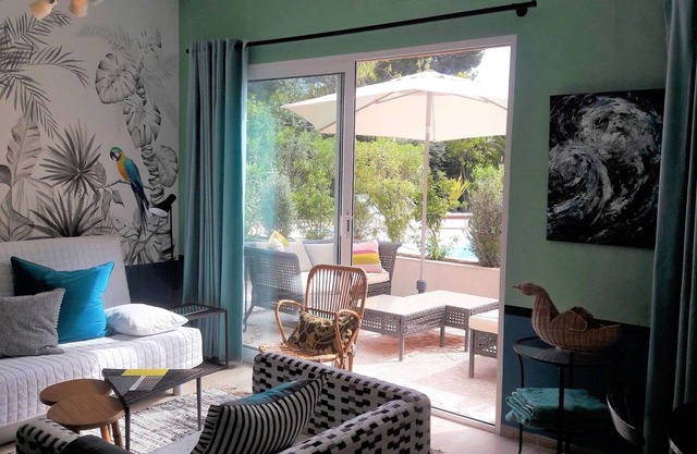 large studio with terrace facing pool, spa in the garden