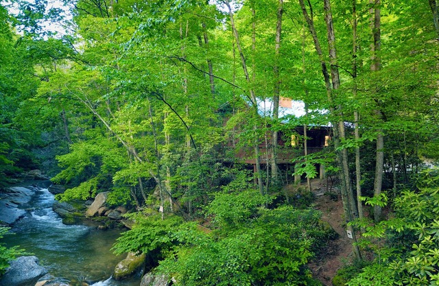 Riverfront Log Cabin w/Private Waterfall, Firepit & Panoramic Deck