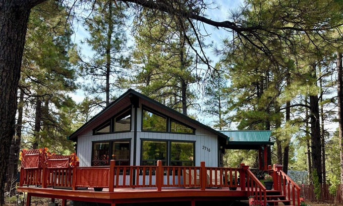 Kachina Village Cabin | Charming 2Br 2Ba cabin with big windows in the tall pines.