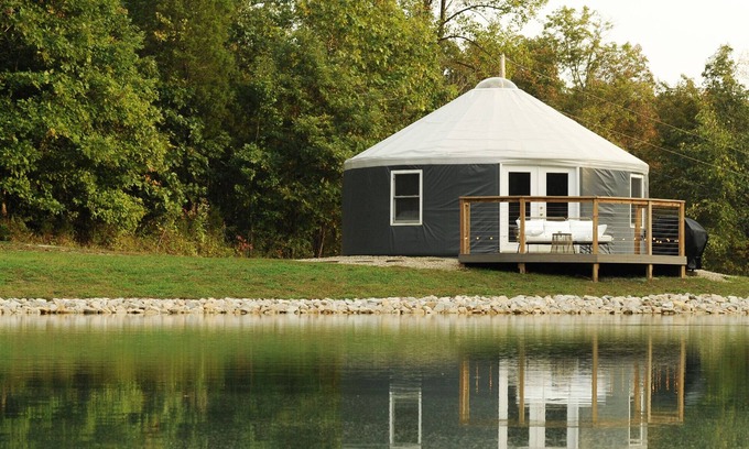 French Lick Cottage | Cozy Waterfront Yurt with Heated Floors, full heat and AC, bathroom, Kitchenette