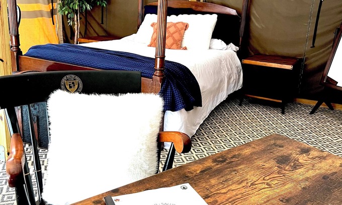 Saluda RV Rental | Deluxe Green River Glamping Tent in nature with wood burning oven!