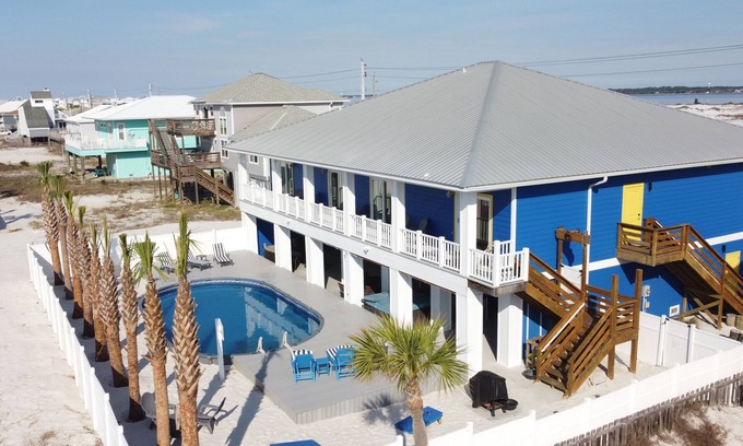 Navarre Beach House | Gulf and Sound Views! HUGE backyard, 33' POOL,Hot Tub, Outdoor Bar and TVs