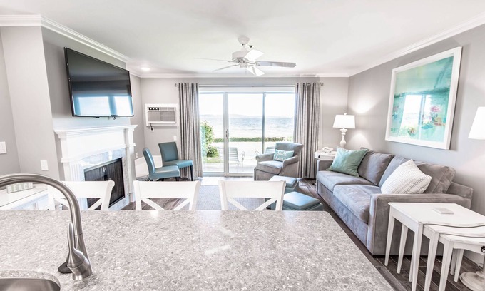Boyne City Condo | Lake Charlevoix Views | Private Patio | Steps to Sand & Shoreline |