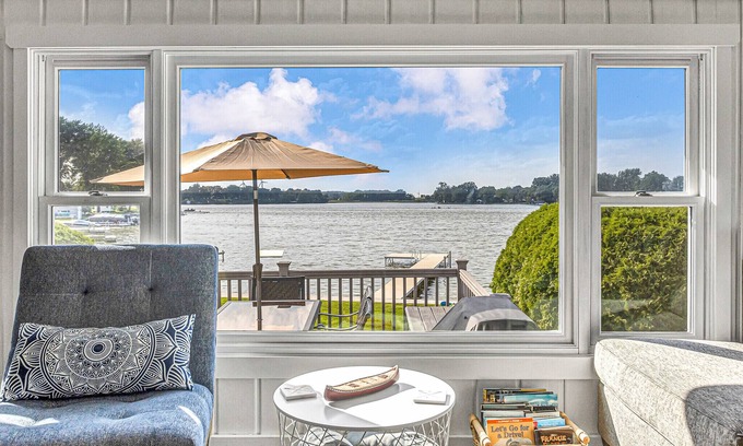 Hingham House | Lakefront Cottage with kayaks, paddleboat, aqua mat, & BIG deck close to Elkhart