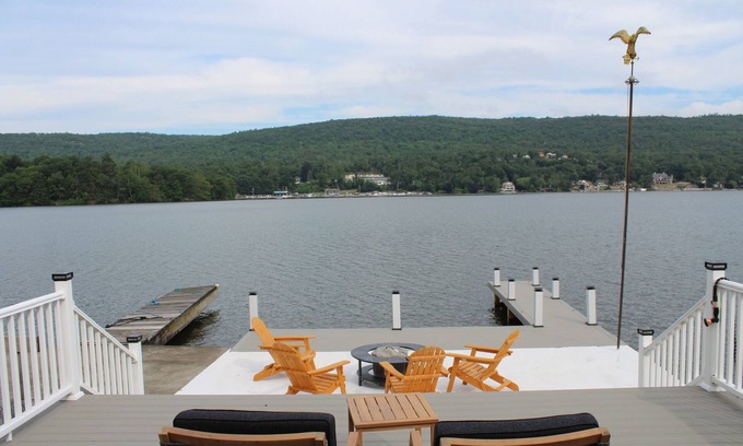 Hewitt House | Lakefront Haven Private Beach Dock Fire Pit Game Room Boat Rental