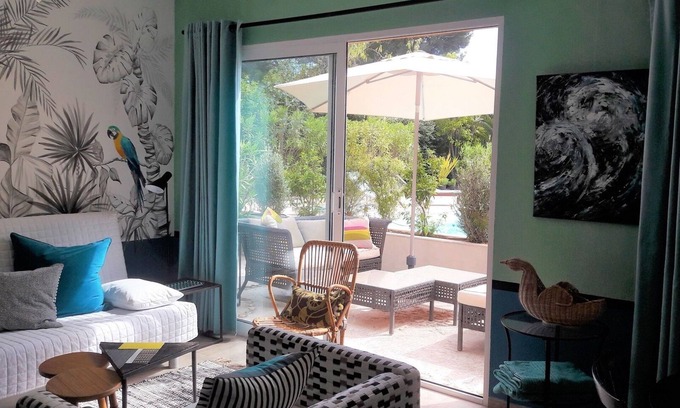 Le Brulat Apartment | large studio with terrace facing pool, spa in the garden
