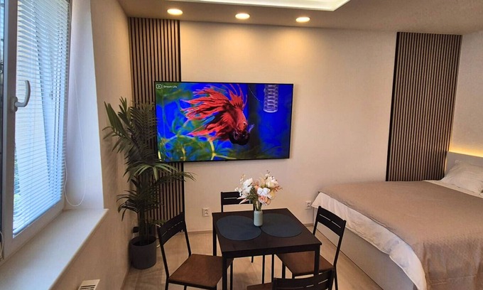 Pankrac Apartment | Modern Studio with 75″ TV and Fast Wi-Fi Near Metro and Vyšehrad
