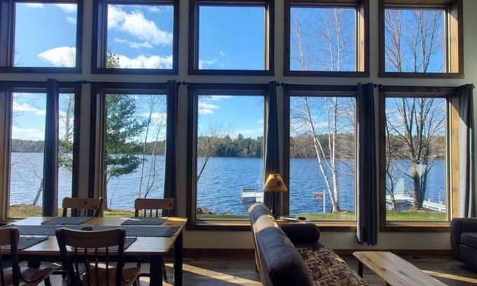 Phillips Cabin | New waterfront cabin with expansive lake-facing windows, Long Lake, Phillips