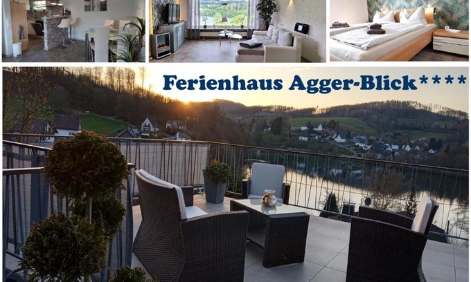 Gummersbach House | Seeblick-Ferienwohnung im "Ferienhaus Agger-Blick" mit traumhafter Sonnen-Terrasse, Sauna, E-Kamin & Kajak