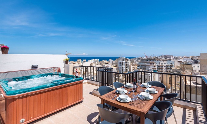 Bugibba Apartment | Unique Penthouse with Hot Tub (SPA/Jacuzzi) in Bugibba, 1 bedroom with nice view