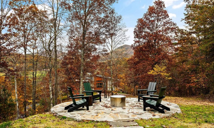 Young Harris Cabin | Wildcat Modern: Elegant mountain retreat with fire pit, deck, elevated furnishings, and pool and gym
