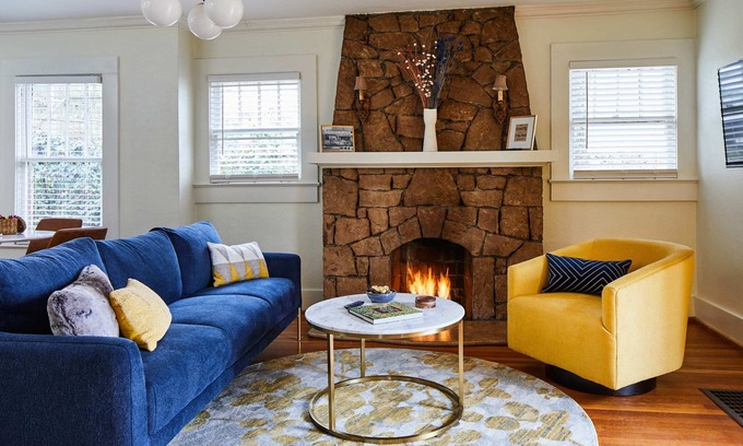 Crestline Heights House | Yellow Door: Crestwood Bungalow w Fireplace & Yard