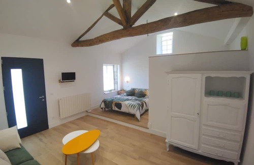 Monsireigne House | Renovated farmhouse guestroom with private terrace and lake view
